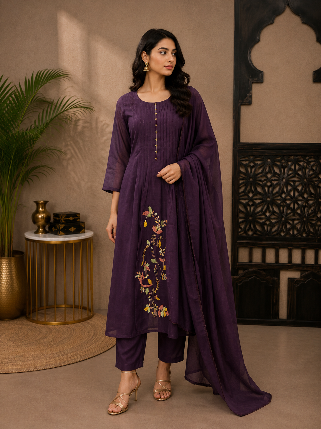 Women's Purple Mul Chanderi Embroidered Kurta Pant Set with Dupatta